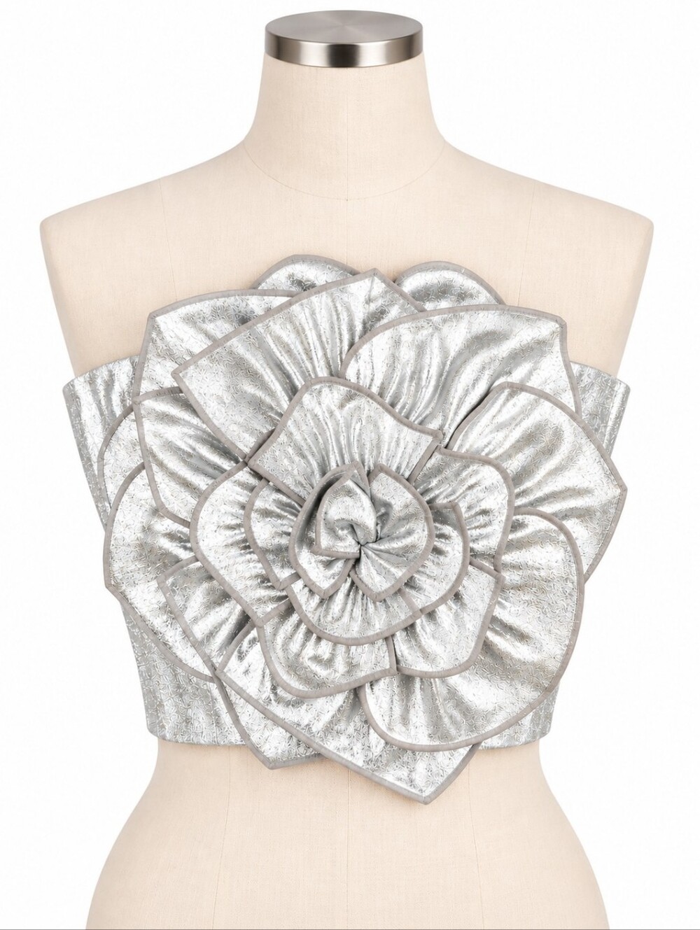 Muse by Marchesa Metallic Silver 3D Rosette Flower Strapless Tube Top Blouse 2